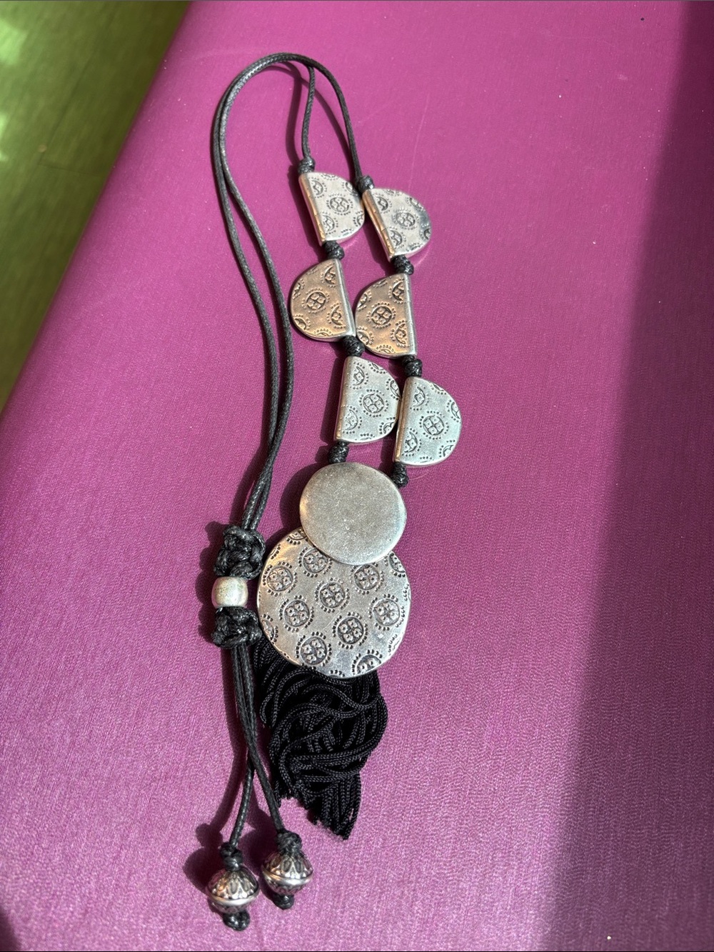 Chico's Silver-Tone Embossed Disc Pendant Necklace with Black Cord